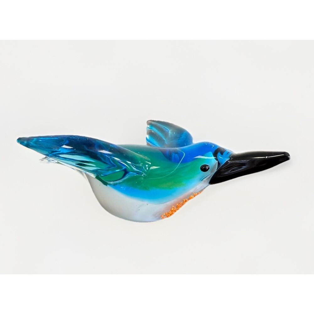 Art Glass Bird Figurine Blue Green Hand Blown Sculpture 7 Inch Coastal Decor